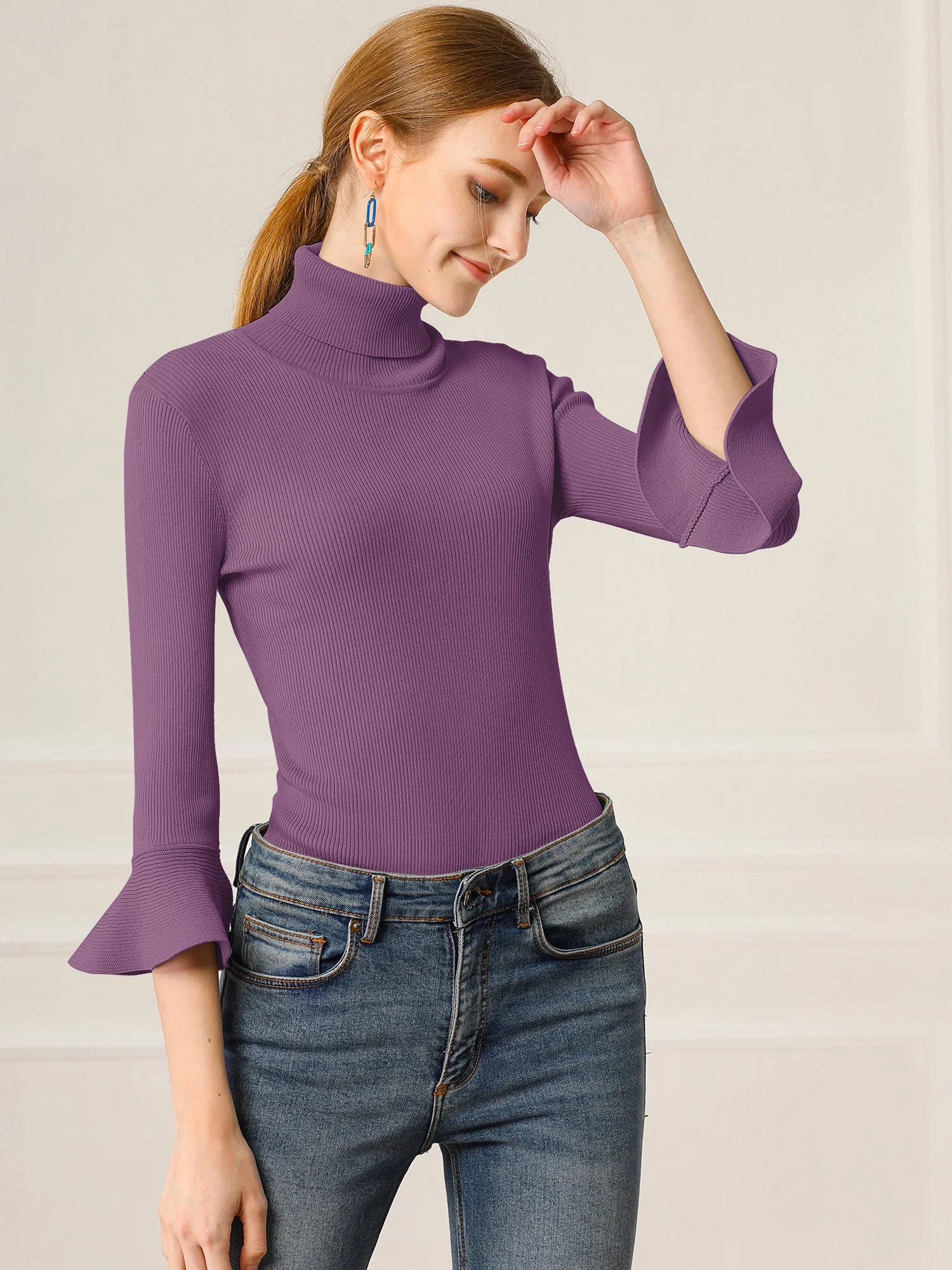 Ruffled 3/4 Sleeve Turtleneck Knitted Pullover Sweater