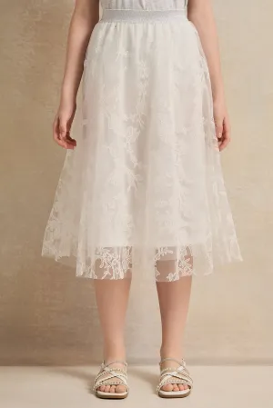 Senior Girls White Mesh Embellished Tulle Skirts