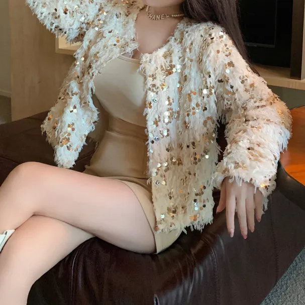 Short Coat Non-Contrast Stylish Sequined Top