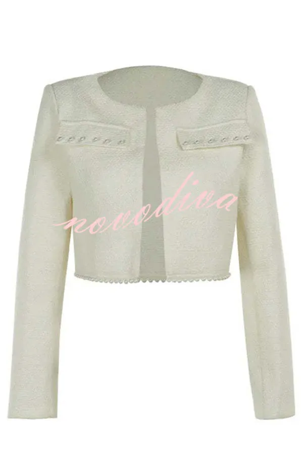 Stylish and Elegant Tweed Pearl-embellished Long-sleeved Jacket