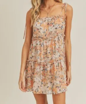 *TIE SHOULDER FLORAL DRESS TAUPE/ APRICOT