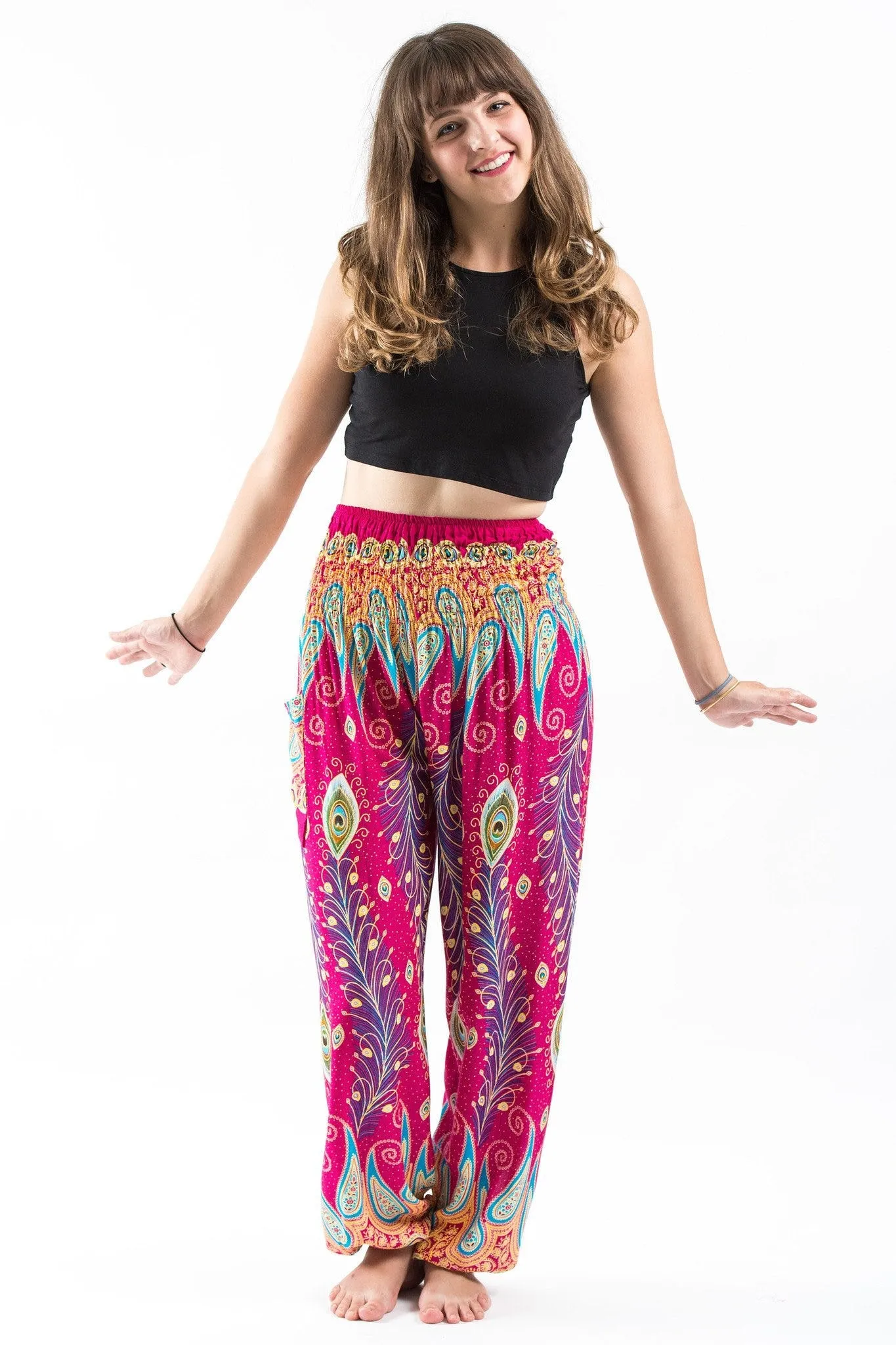 Unisex Peacock Paisley Harem Pants in Pink