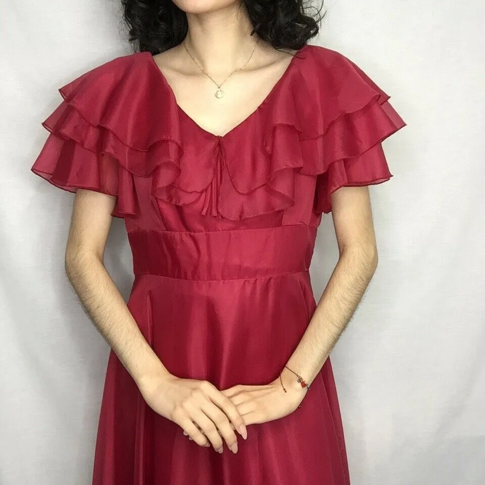 Vintage 70s | Raspberry Boho Prairie Romantic Ruffle Chiffon Maxi Dress | M