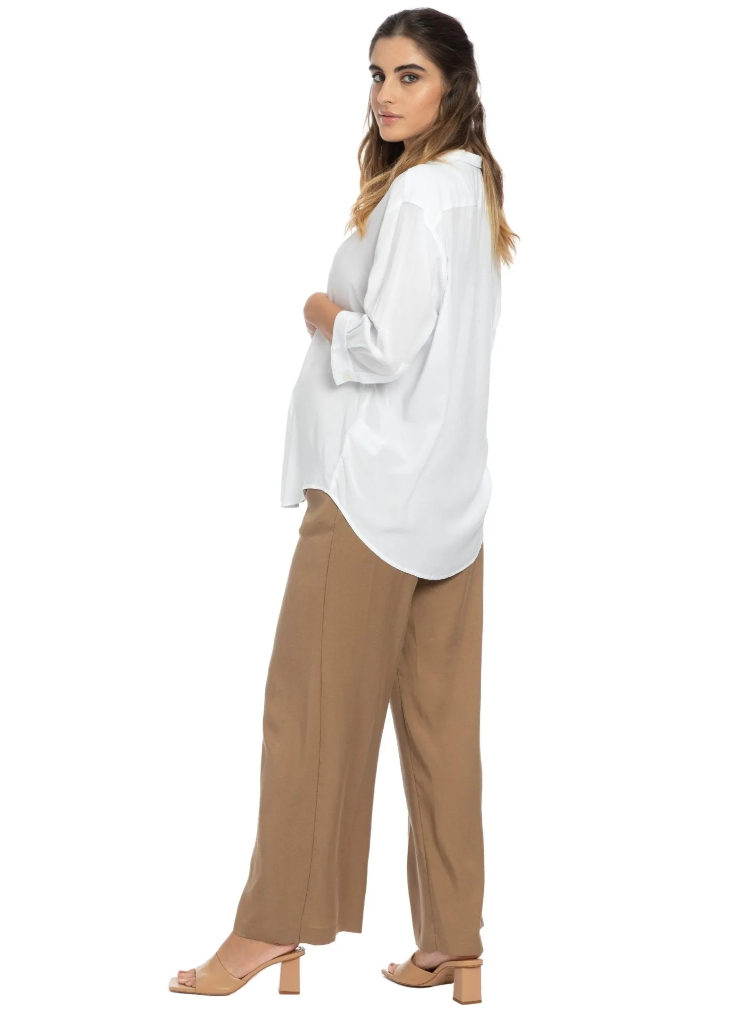 Warren Maternity Trouser in Soft Tencel - Biscuit