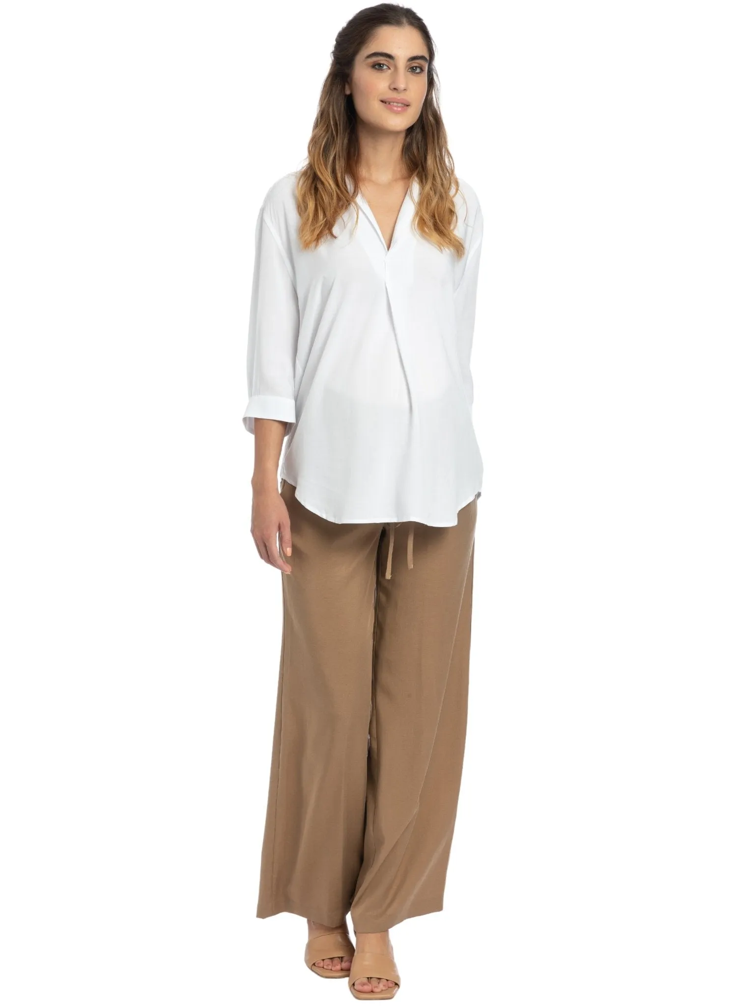 Warren Maternity Trouser in Soft Tencel - Biscuit