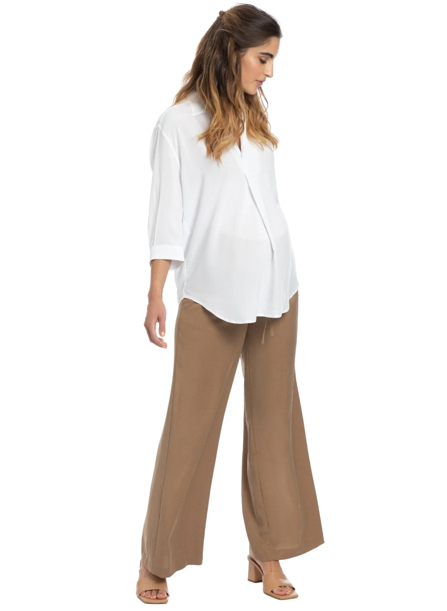 Warren Maternity Trouser in Soft Tencel - Biscuit