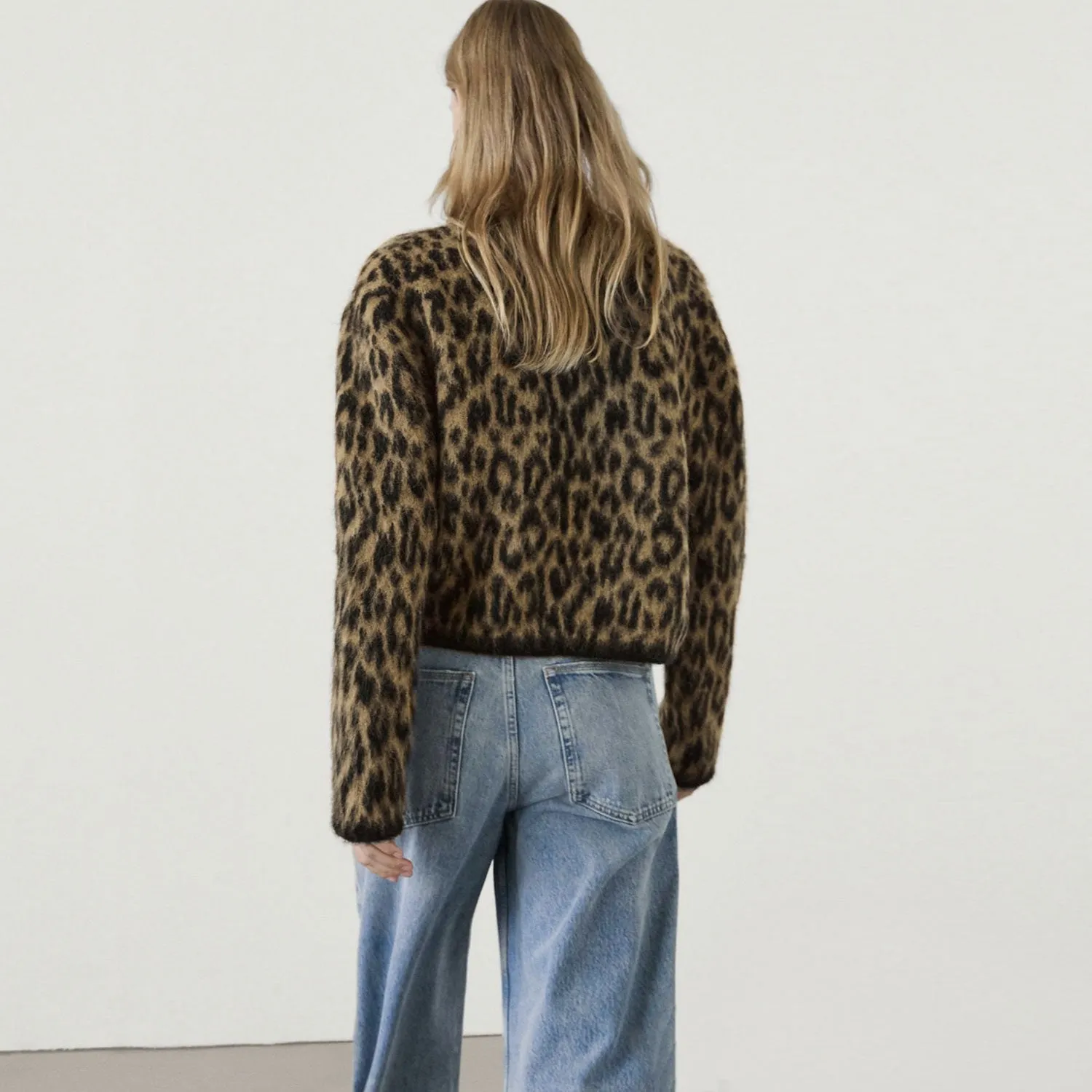 Wild Crew Neck Button Up Long Sleeve Leopard Print Brushed Knit Cardigan