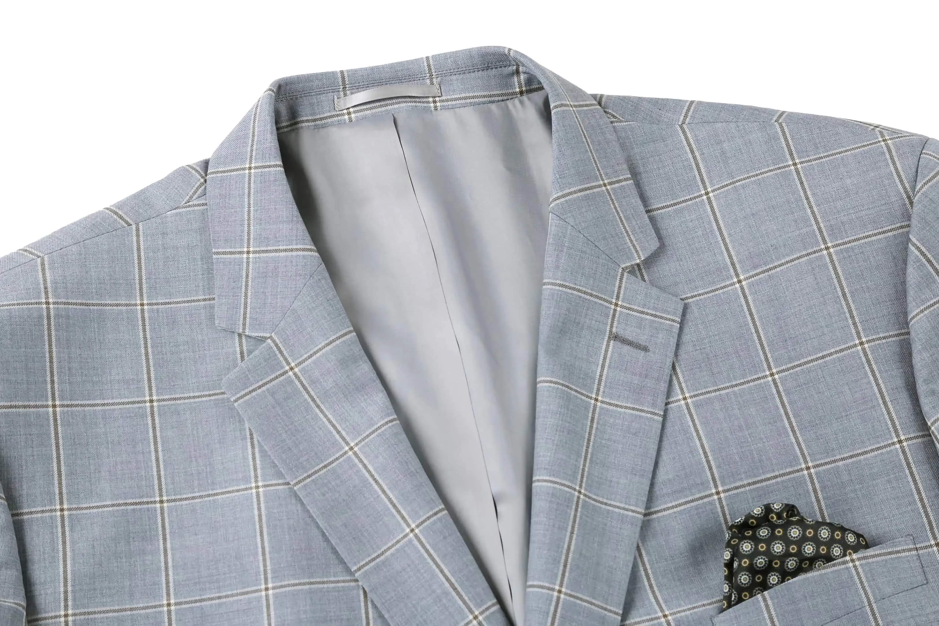 Wool Windowpane Pattern Regular Fit 2 Button Blazer in Stone Blue